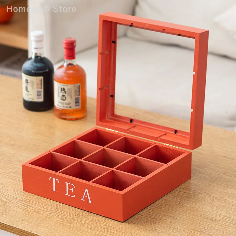 Wood Tea Bag Storage Box With Clear Lid 9 Compartments Square Container Desktop Jewelry Organizer Tea Box Case