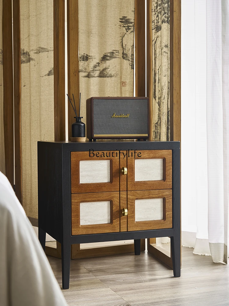 

*French retro black bedside table contrasting color all solid wood small side few lockers