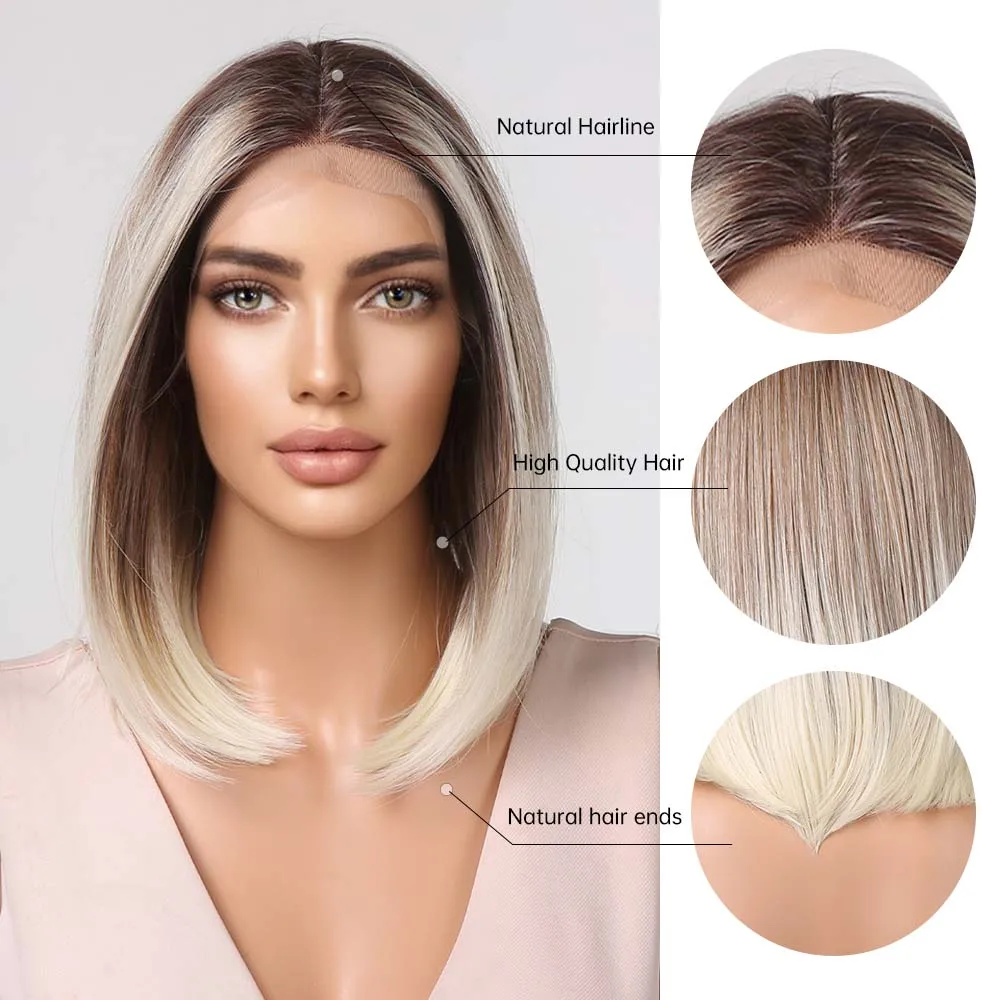 Short Straight Synthetic Lace Front Wigs Brown to Blonde Platinum Ombre Lace Hair for Women Afro Natural Daily Heat Resistant