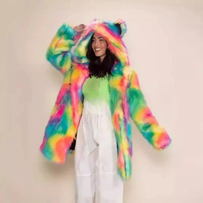 เสื้อโค้ทขนเฟอร์เทียมสีสันสดใสสำหรับผู้หญิง ฤดูใบไม้ร่วงและฤดูหนาว แบบหนา อุ่น สไตล์ยาวปานกลาง มีฮู้ด ขนเฟอร์เทียมแบบขนจิ้งจอก