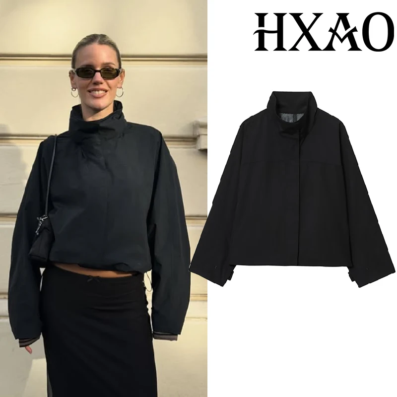 

HXAO Woman Windbreak Jacket Long Sleeve Cropped Outdoor Black Jacket Demi-Season Zip Up Trench Coat Lightweight Bomber Jacket