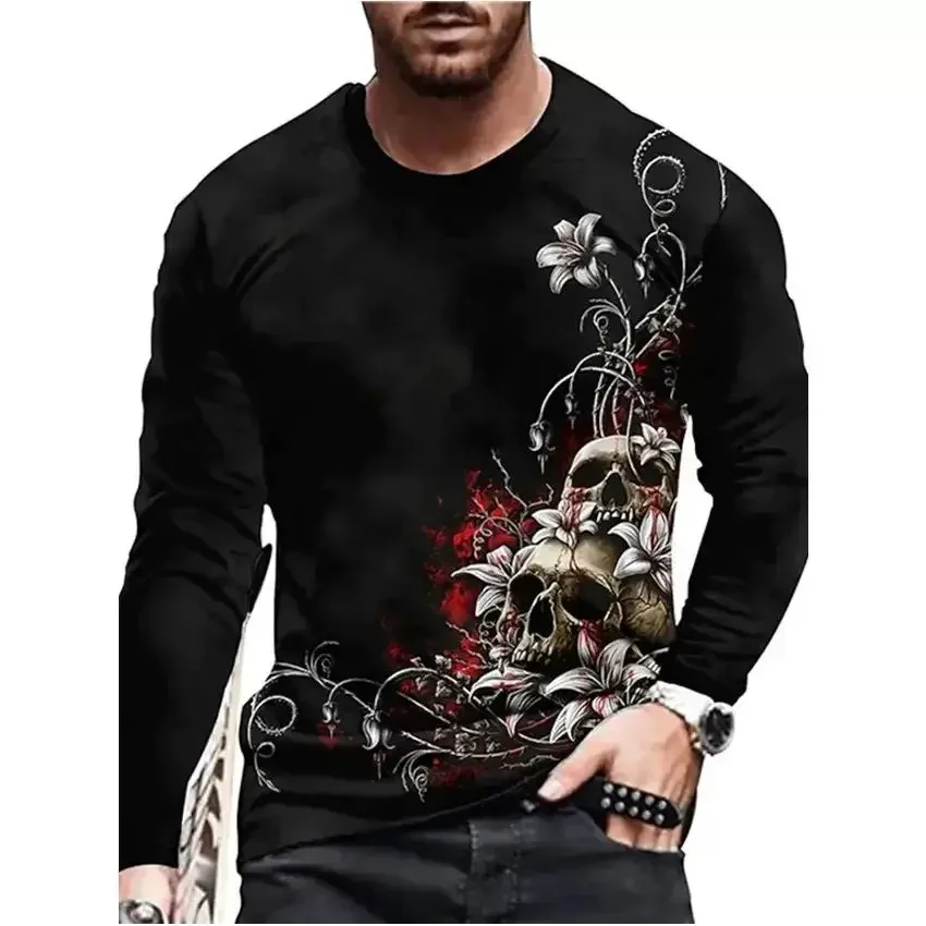 

Men Spring And Autumn Each Individual Horror Skull Pattern 3d Printed O-Collar Long Sleeve Loose Vintage Printed T-Shirt Top