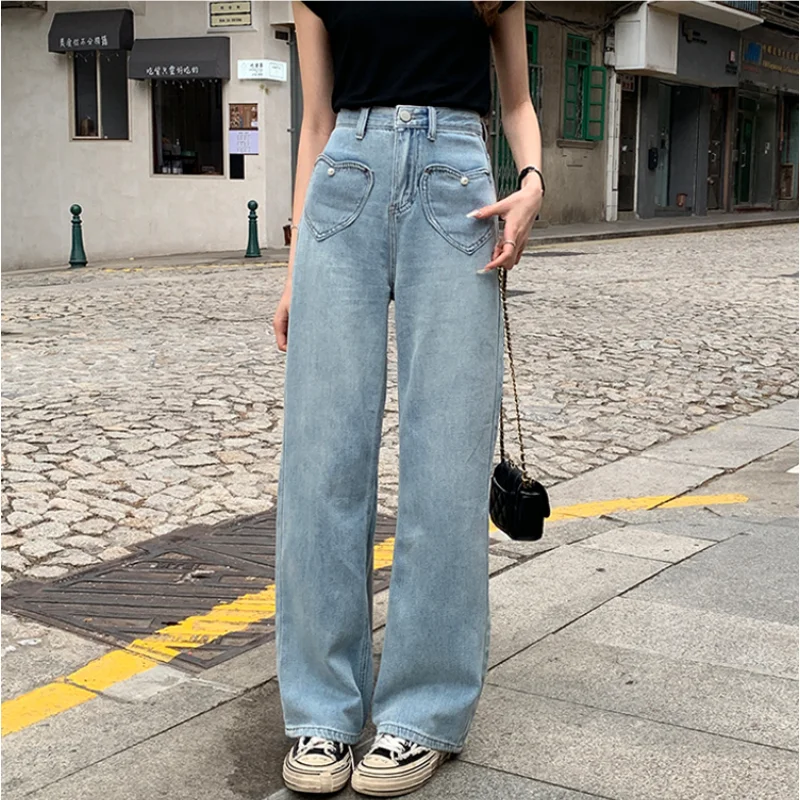 Blue Jeans for Women Heart-shaped High Waist American Fashion Y2K Chic Streetwear Wide Leg Jean Female Trouser Baggy Denim Pants