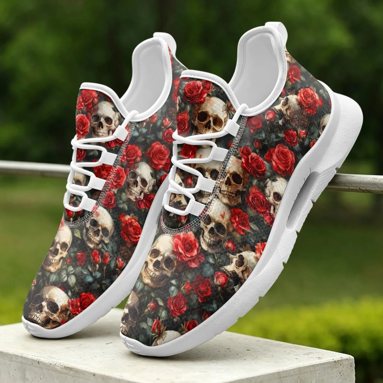 XIXIRIMIDO Lace-up Casual Shoes Mens Sneakers Comfortable Mesh Breathable Walking Shoes Women's Lightweight Sneaker Rose Skull