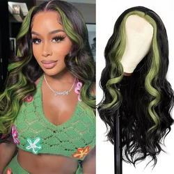 28 inch High Gloss Green Wavy Lace Front Wig, Middle Parted Wavy Synthetic Wig Lace Front Wig