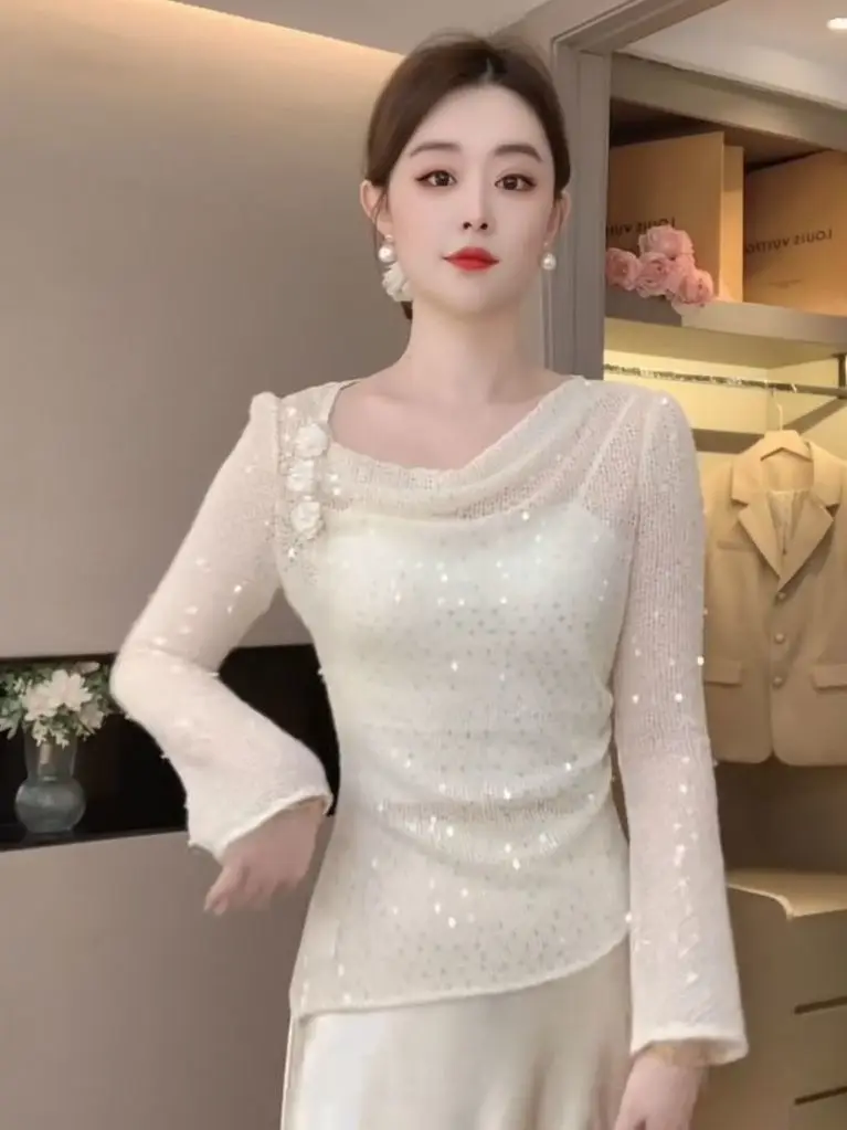 Elegant Women Blouse With Beaded Detailing And Soft Knit Texture For Spring And Autumn Wear