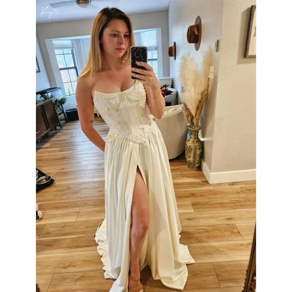 Kyoto Customized Ivory Appliques With Pearls Wedding Dress Side Slit A-line vestidos de noiva Floor-length Evening Dresses 2025