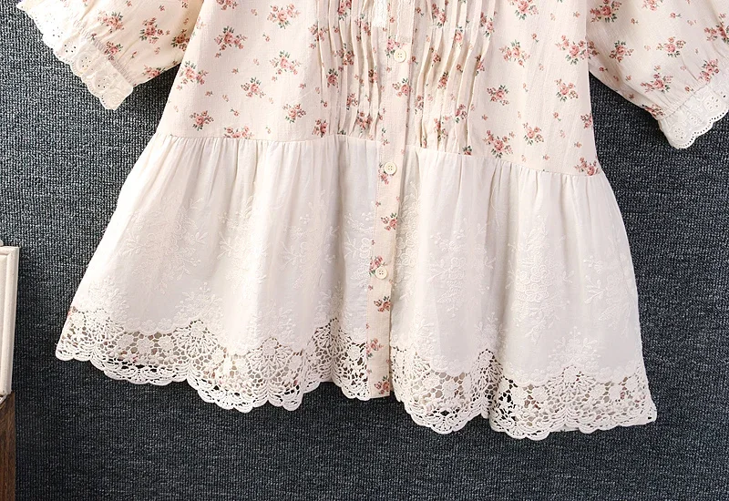 Summer New Sweet Mori Style Hollow Hem Floral Print Shirt Women Short Sleeve Single Breasted Embroidered Cotton Tops