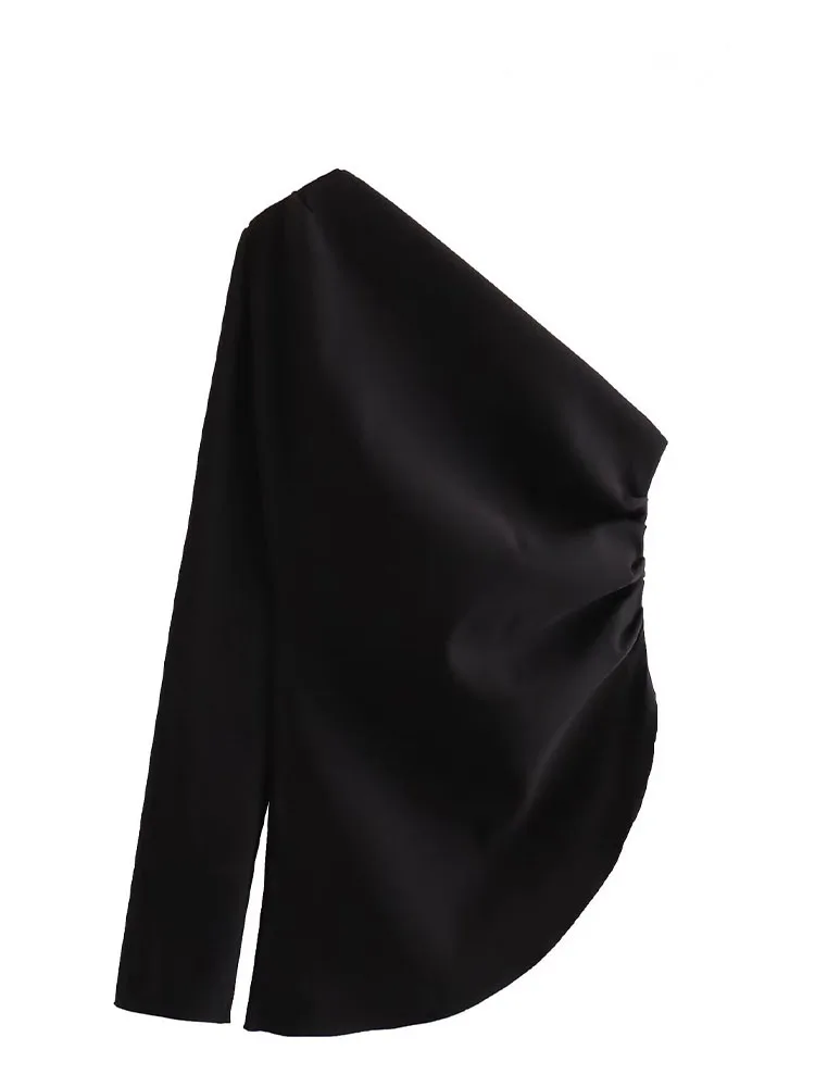 HH أزياء الخريف النسائية الصلبة 5 ألوان طيات غير متناظرة واحدة الكتف القمم الإناث تصميم غير رسمي الشعور مطوي الديكور