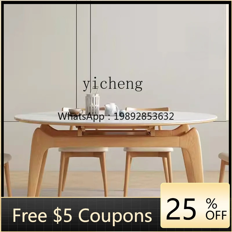 

ZZXL household ash wood folding square into round multi-functional rock slab retractable dining table and chair combination