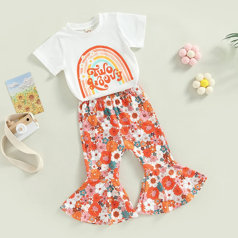 

Girls Summer Outfit Set Short Sleeve Rainbow Print T-Shirt and Floral Flare Pants 2-Piece Suit for Kids