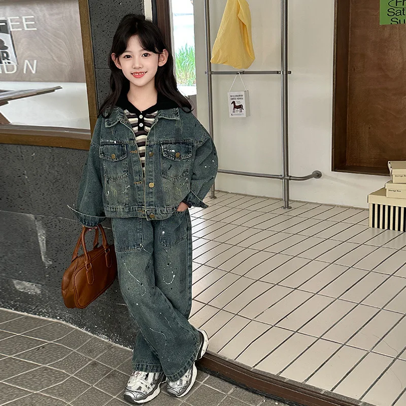 

Children Girl Denim Clothing Set School Girl Graffiti Lapel Single-breasted Denim Jacket+Straight Jeans Boutique Kids Clothing