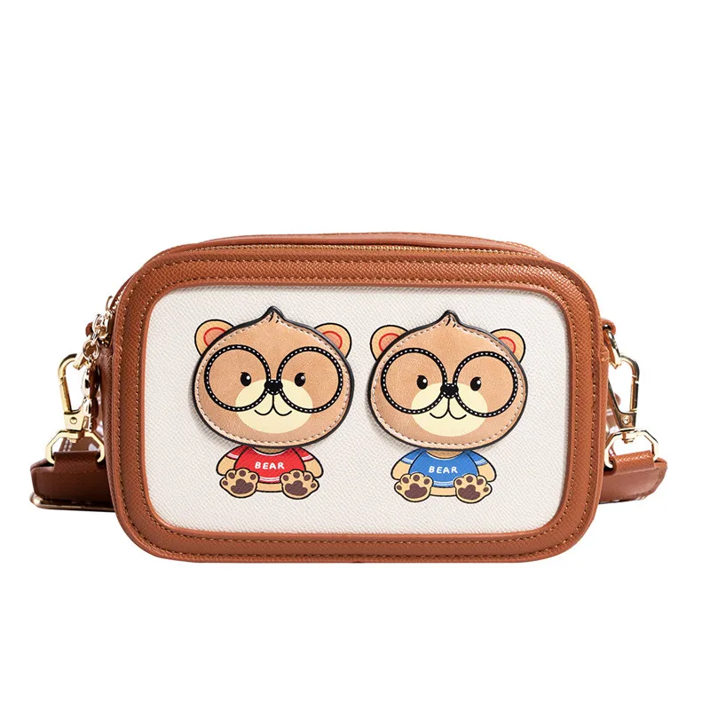 

2024 Hot sale cute glasses bear small square bag simple double layer messenger bag