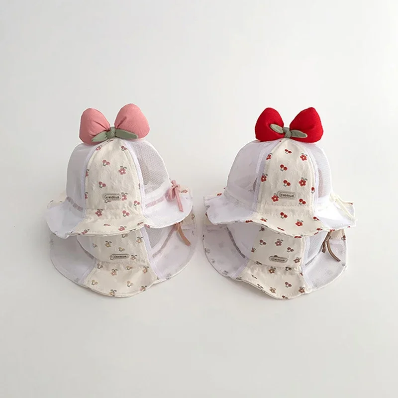 

Cute Red Bow Baby Sun Hat Cute Print Ruffled Toddler Girls Fisherman Cap Summer Thin Mesh Kids Bucket Hats