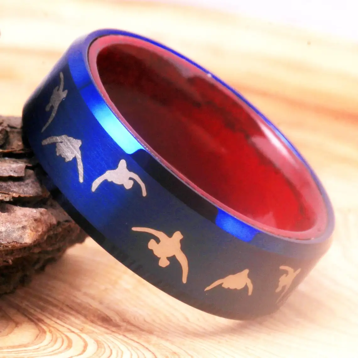 Duck Ring Duck Hunting Band Wedding Ring 8mm Matte Blue Tungsten With Wood Inner Comfort Fit Top Quality Ring Wedding Band