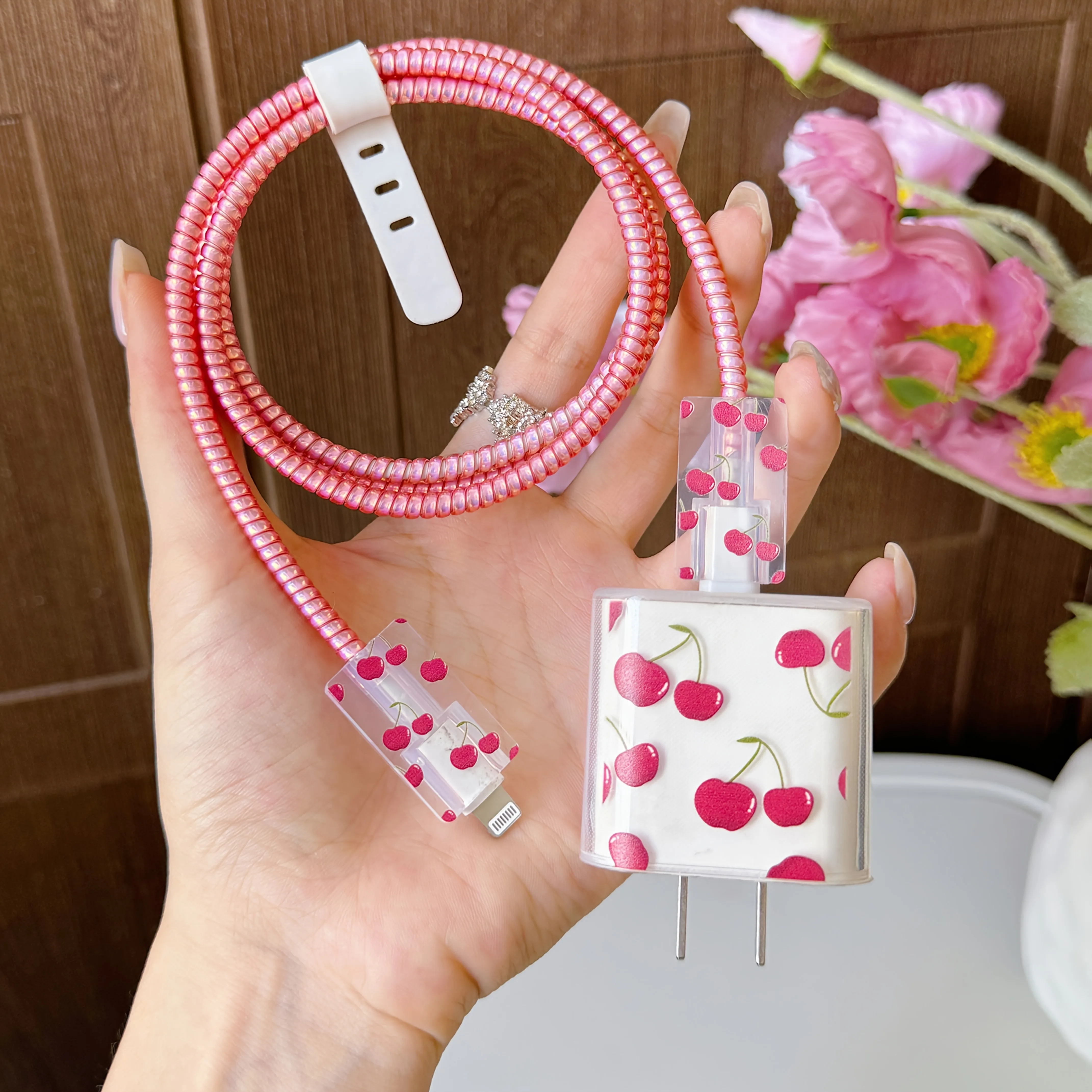 Cute Red Cherry Transparent Case For iPhone Charger Protective is Applicable For Samsung Type-C Data Head Bite Protector Shell