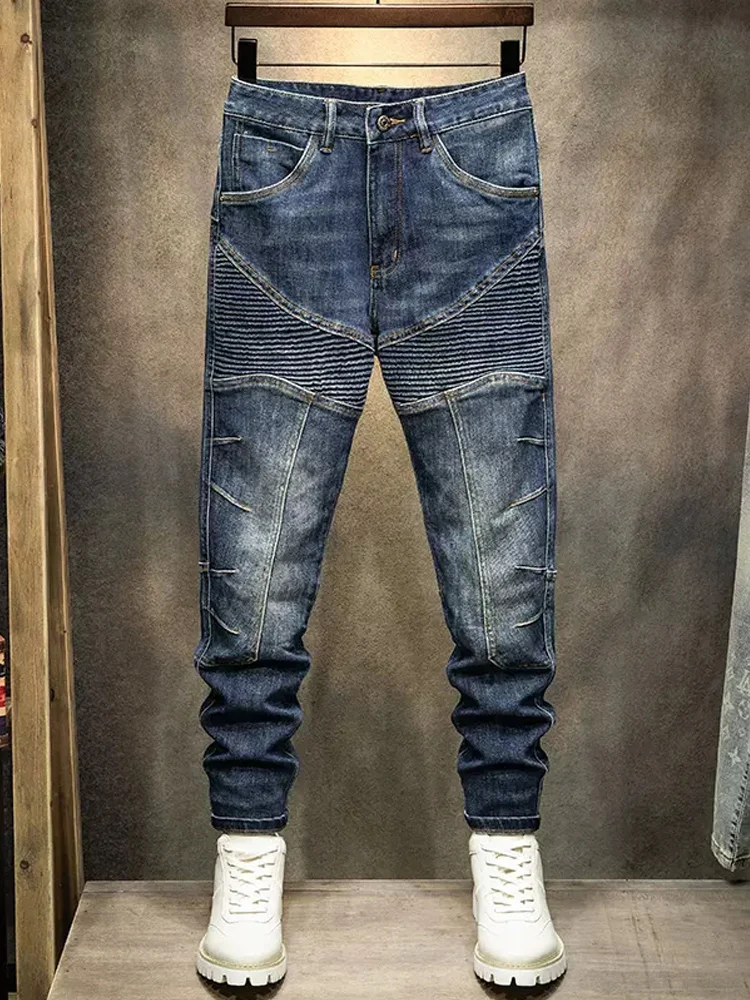 Street Fashion Men Jeans Retro Blue Spliced Designer Elastic Skinny Biker Jeans Men Punk Trousers Patched Hip Hop Denim Pants