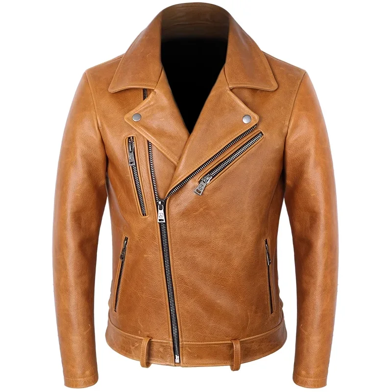 LNY Shop Best.Biker Brand new Oil wax cow leather clothing,mens 100% genuine leather vintage coat,yellow slim leather jacket