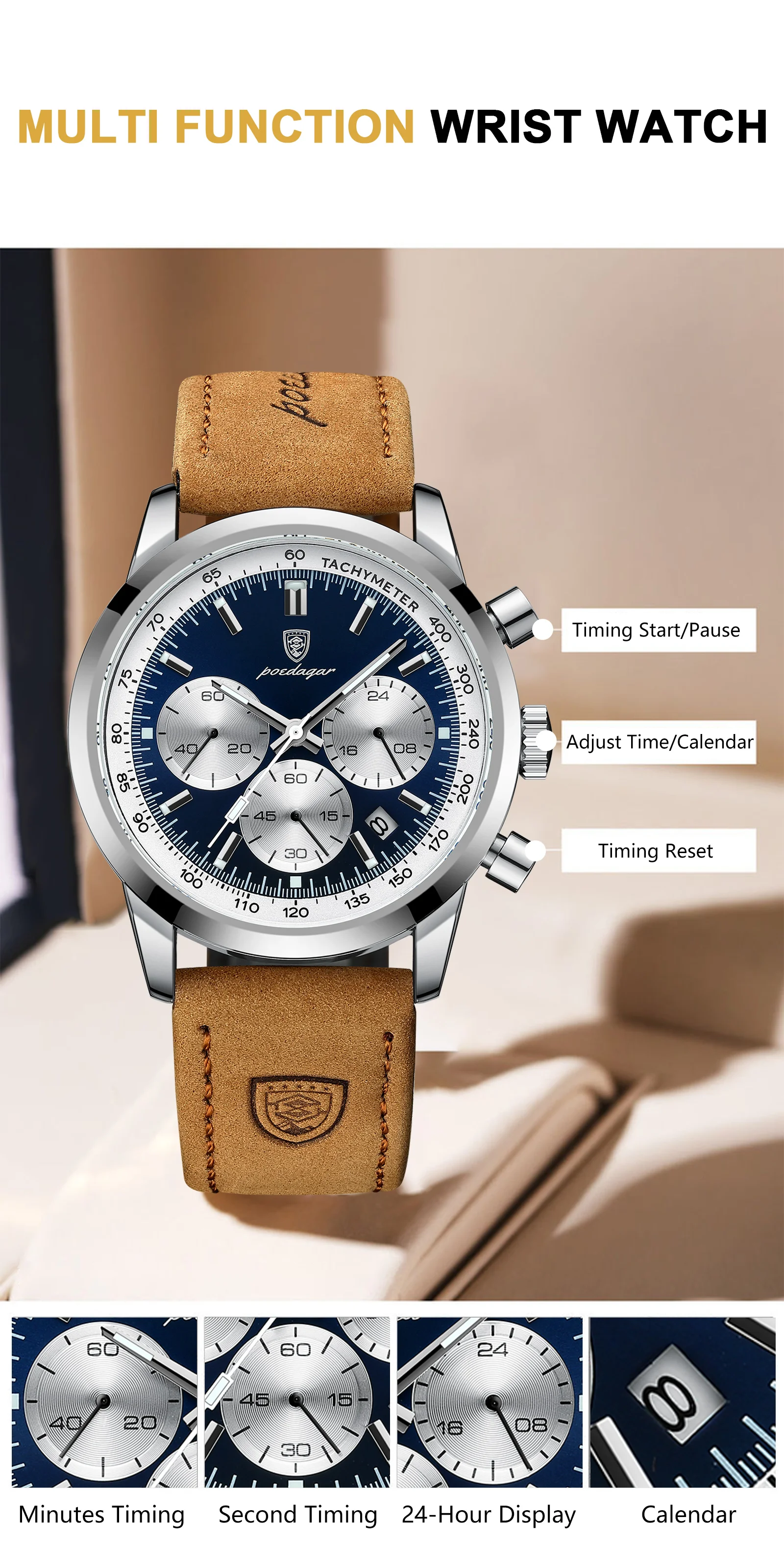 POEDAGAR Modische Herrenuhr Wasserdicht Leuchtend Leder Casual Herren-Armbanduhr Chronograph Hochwertige Herren-Quarzuhren Reloj – Detail 7
