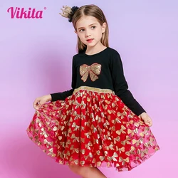 VIKITA Girl Bow Knot Dress for Kids Long Sleeve Autumn Spring Winter Ball Gown Children Party Birthday Gift Children Clothing