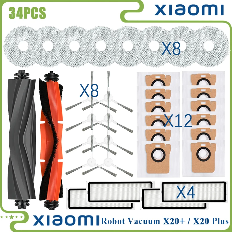 

34pcs For Xiaomi Robot Vacuum X20 + / X20 Plus Accessories Dust Bag Mop Cloth Main Side Brush Hepa Filter Replacement Parts