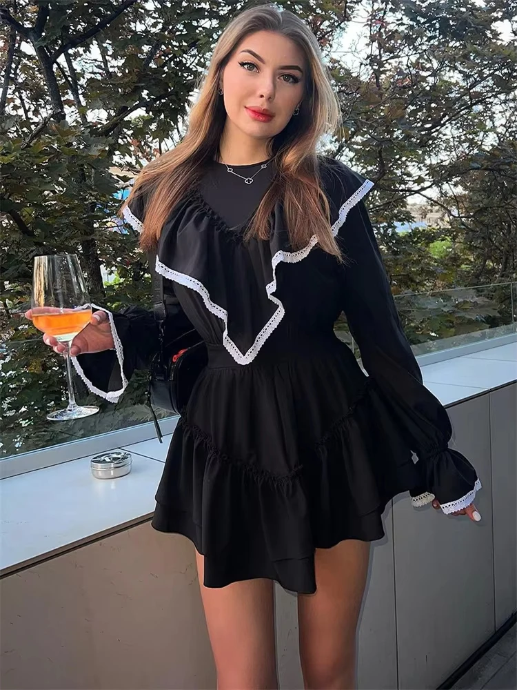 Ruffled Patchwork For Women Mini Dress Slim Long Sleeve Elegant Fashion Contrast Party Dress Summer 2024 Female Dress New