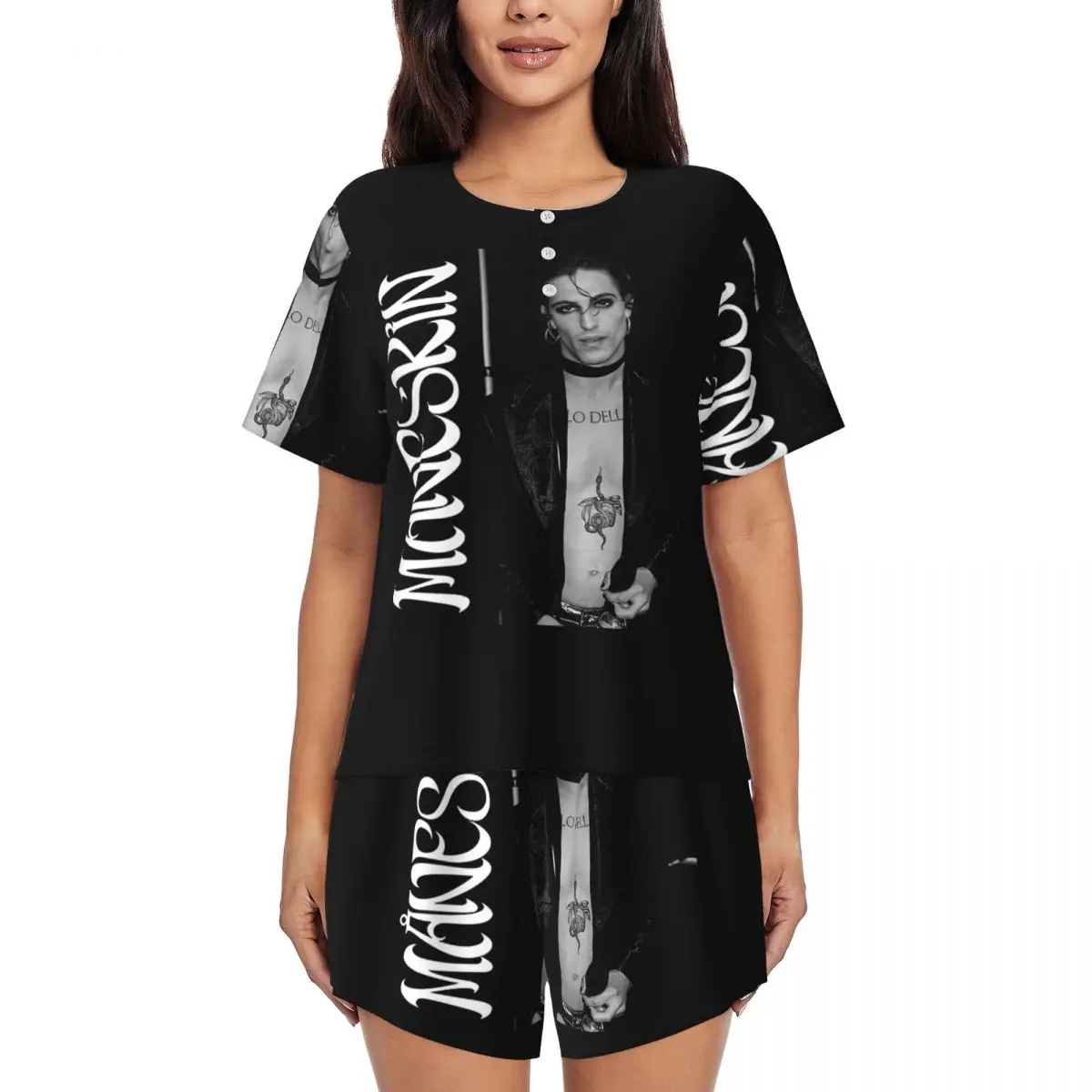 

Ночная рубашка Damiano David Maneskin с круглым вырезом и короткими рукавами для сна, женский свободный пижамный комплект с короткими штанами