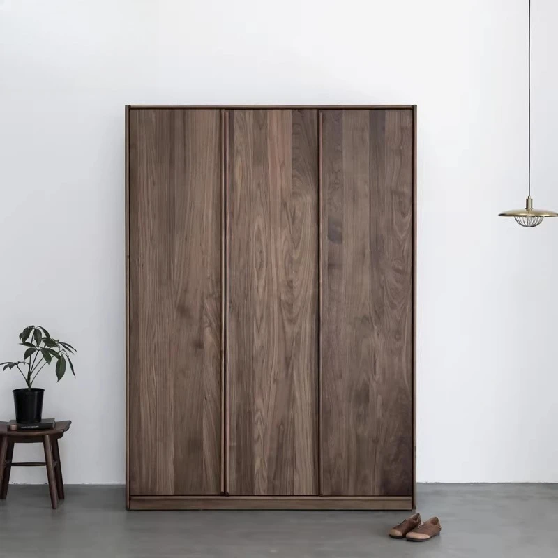 Pure solid wood three-door wardrobe, Nordic simple oak black walnut large wardrobe