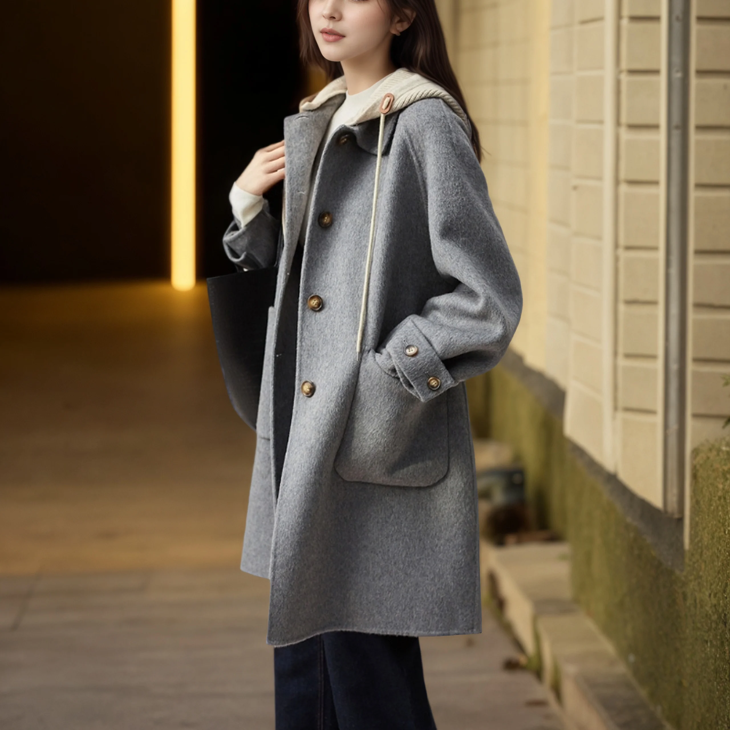 

Trendy Hooded Mid-Length Woolen Coat Women's Thiened Autumn New Sle 2025 Faionable Commute Loose Fit Long Sve Pure C...