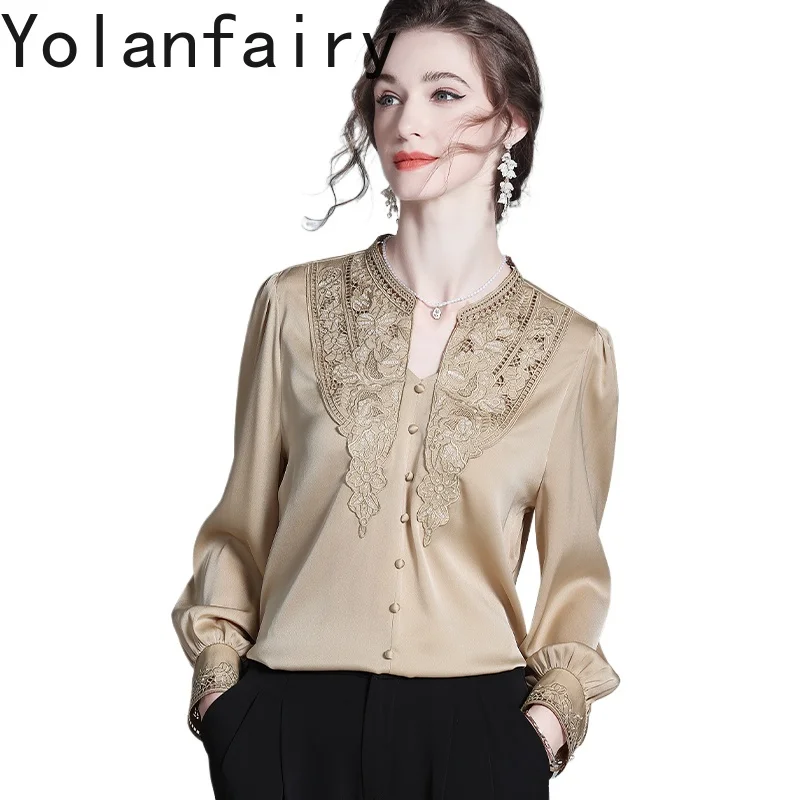 

YOLANFAIRY 95% Mulberry Silk 5% Spandex Women Shirt Autumn 2025 Embroidery Tops Luxury Long Sleeve Shirts Woman Elegant Blouses