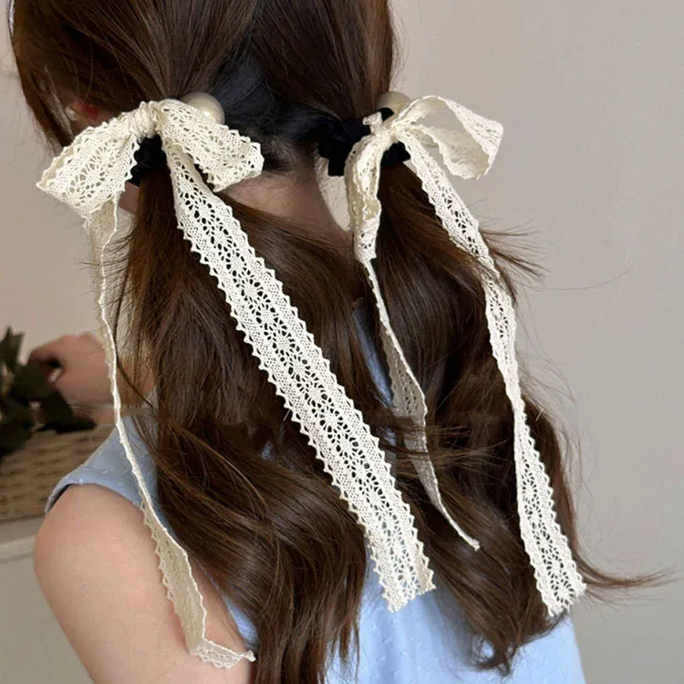 INS Y2K Pita Rambut Busur Renda Krem Anak Perempuan Ikat Rambut Mutiara Besar Ikat Rambut Ekor Kuda Sutra Perak Emas Berkilau Aksesori Rambut