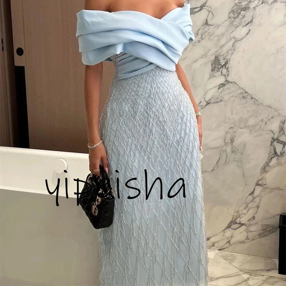 Customized Exquisite Elegant Evening Dresses Off Shoulder Glitter Wedding Luxury Tassel Sheath Formal Party Gowns