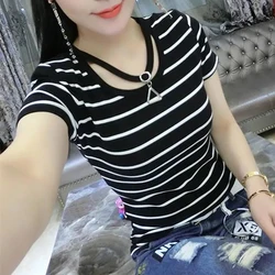 Women Clothing Casual Striped All-match Youth Pullovers Tops Summer New Short Sleeve High Street T Shirts Fashion Vintage Office