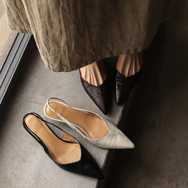 2026 new summer women sandals natural leather plus size 22-26cm sheepskin+pigskin pointed toe back-strap women shoes fashion
