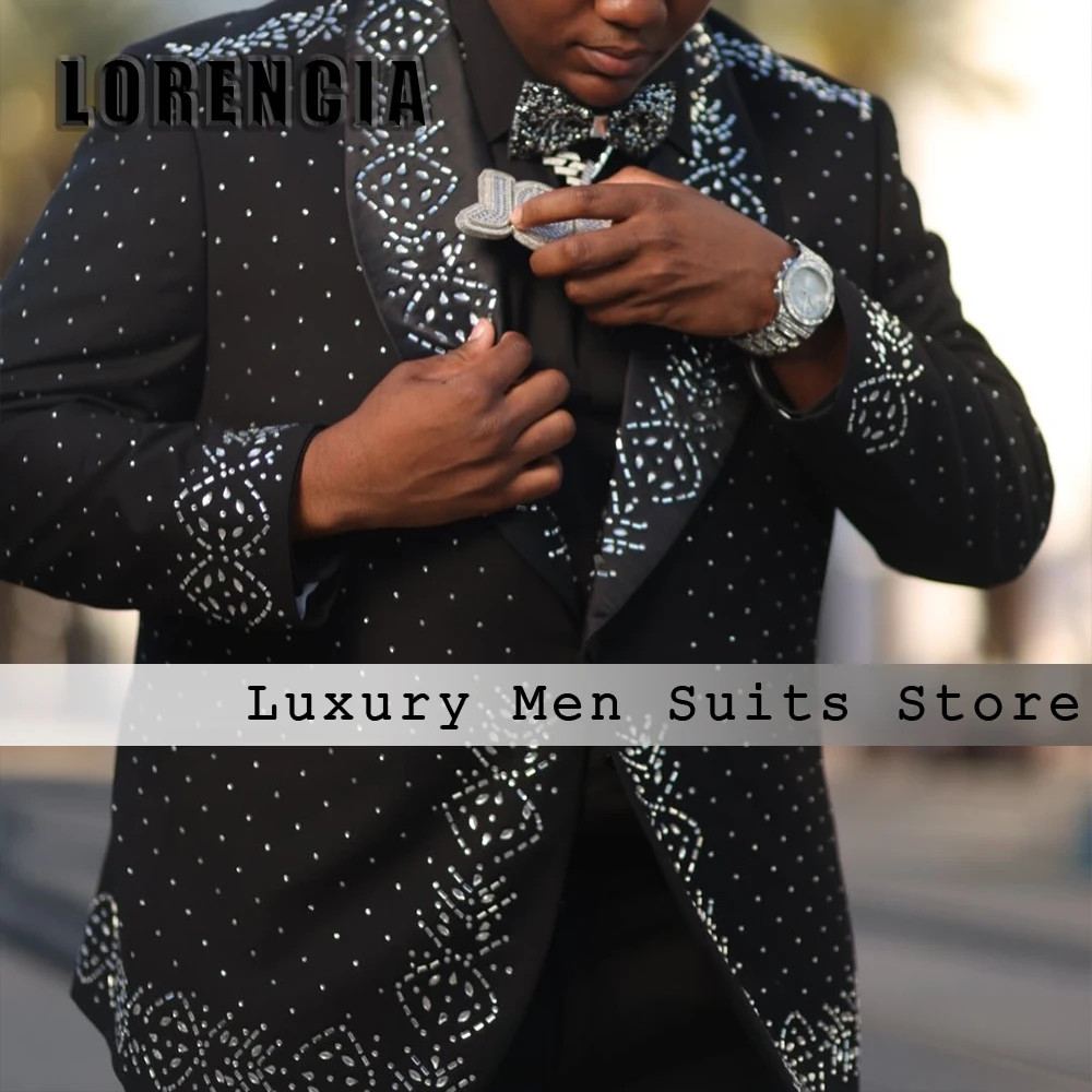 

Мужские повседневные блестящие костюмы с кристаллами, 2 предмета, роскошные наряды для свадьбы и вечеринок с шалевым воротником, индивидуальный пошив, пиджак и брюки, trajes para hombre