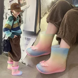 Bottes De Pluie Cute Rubber Boots for Children Warm Girl  Rain Boots Bow Infant Boot Colored Water Boats Kid Shoe Bota Infantil