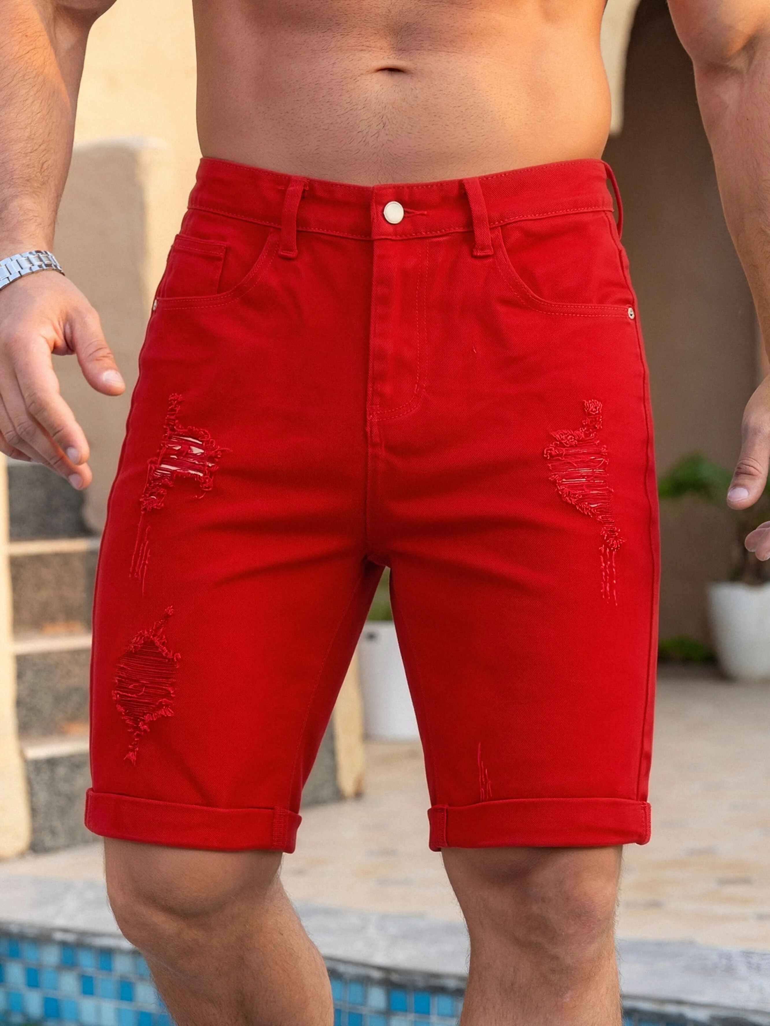 2025 New Arrival Men's Red Distressed Denim Shorts Casual Knee Length Rolled Cuff Jean Shorts Male Streetwear Summer Beach Denim