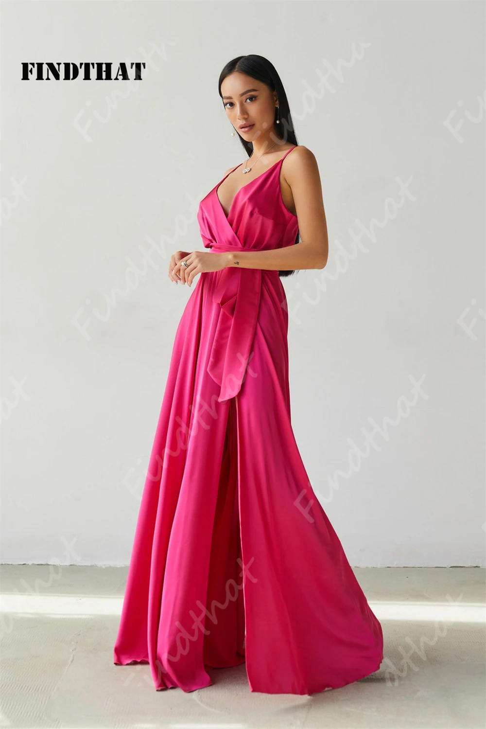 Findthat Fuchsia V-Neck Bridesmaid Dresses for Women 2024 Spaghetti-Straps Loose Satin A-Line Side Slit Party Gowns with Belt