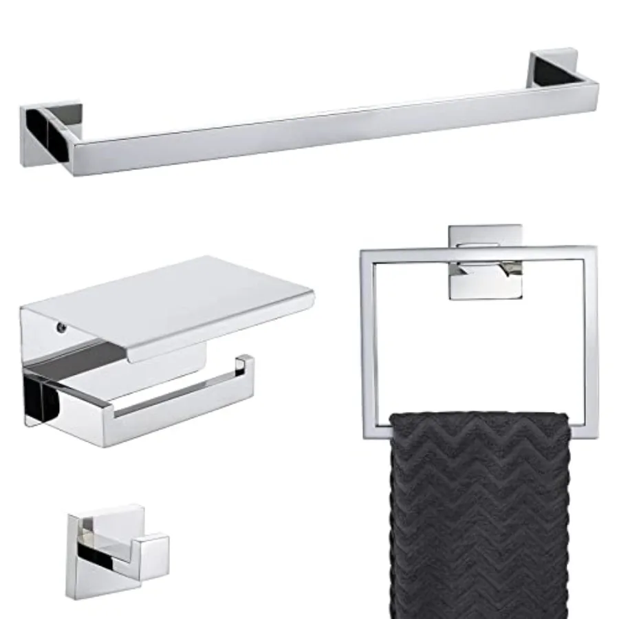 

4-Piece Bathroom Hardware Set Chrome Bath Towel Bar Holder Sets Wall Mounted Stainless Steel Square Bathroom Accessory Kit Poli