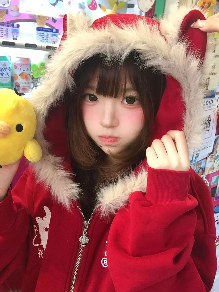 

Милый толстовка-кардиган с капюшоном и ушками, на флисовой подкладке, новогодний красный, для девочек и женщин, сладкий, длинный...