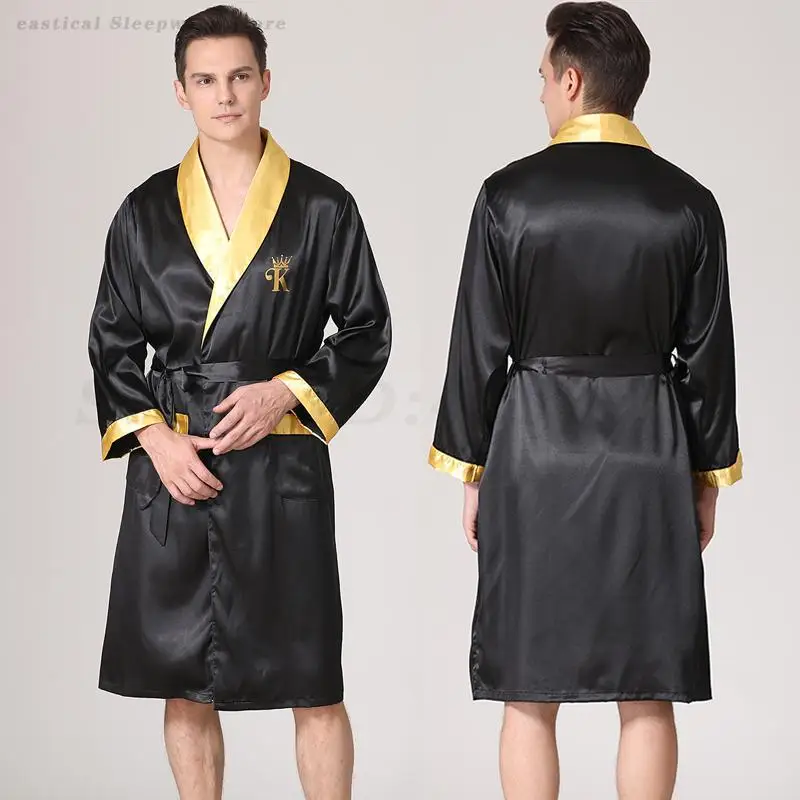 Men Kimono Bathrobe Gown Sleepwear Loose Nightwear Loungewear Silk Stain Home Clothes Male Casual Nightgown Night-Robe with Belt