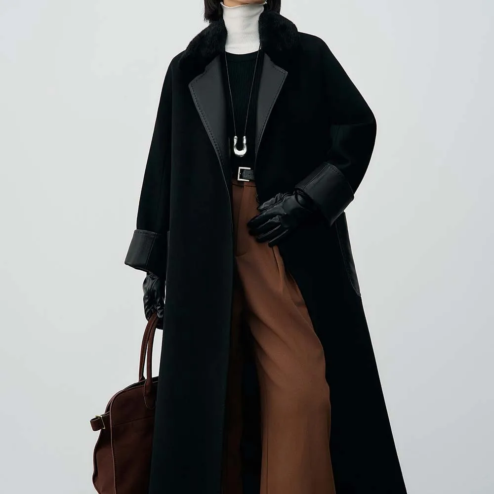 معطف كشمير جلدي عالي الجودة بياقة من فرو المنك لعام 2025 معطف صوفي طويل بمزاج طويل للنساء