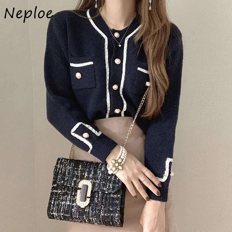 Neploe 2024 Autumn Chic Pearl Button Sweaters Fashion Simple Cardigans Women O-neck Casual All-match Double Pockets Coat 1G715