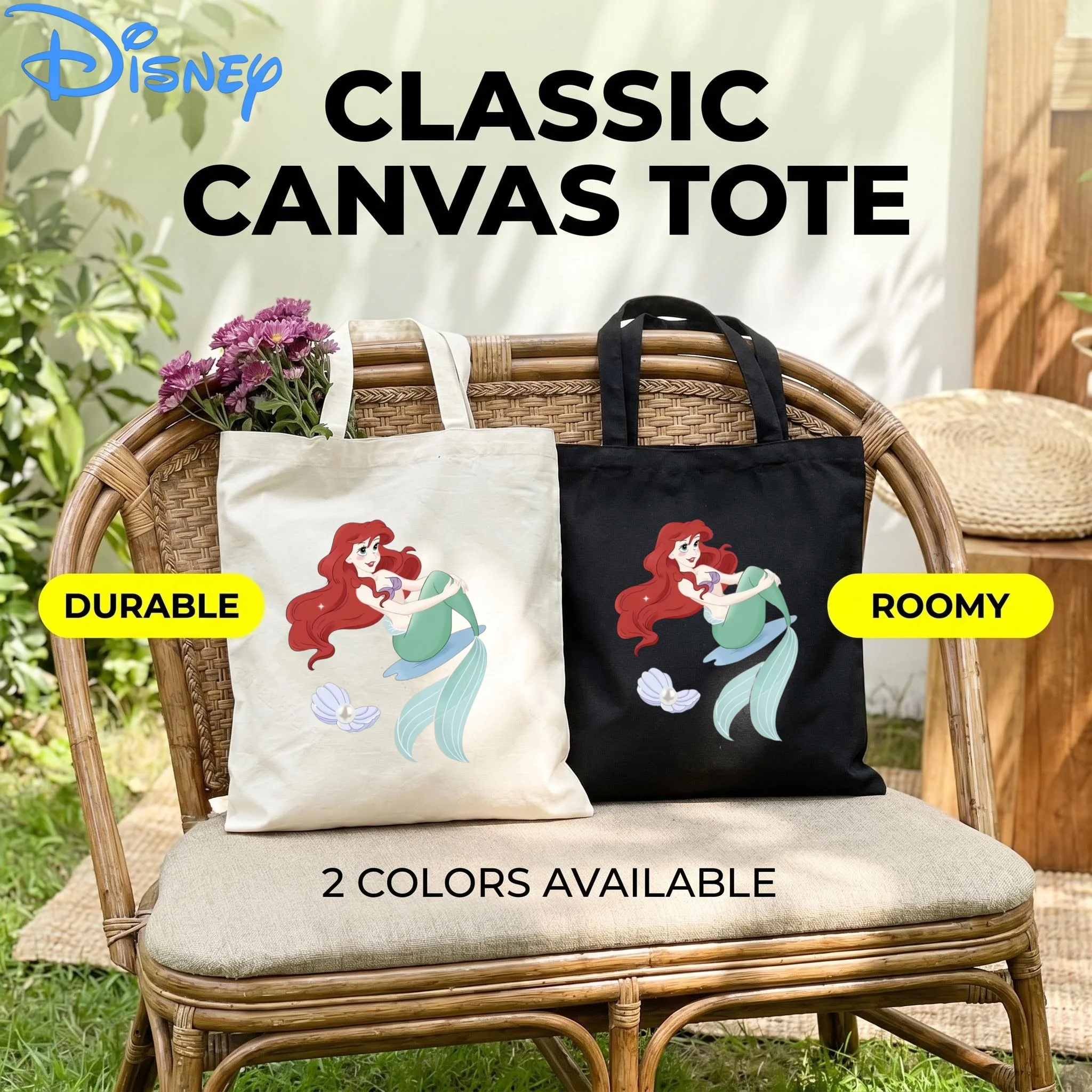 

1PC Disney Little Mermaid Ariel Seashell Pearl Canvas Tote Bag, Red Hair Princess Print Eco Shoulder Shopping Bag