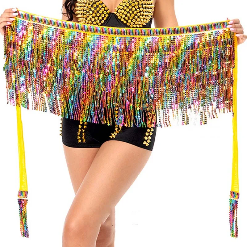 Colorful Tassel Waist Scarf Women Belly Dance Sequin Hip Scarf Festival Stage Costume Indian Dance Skirt 10 Colors