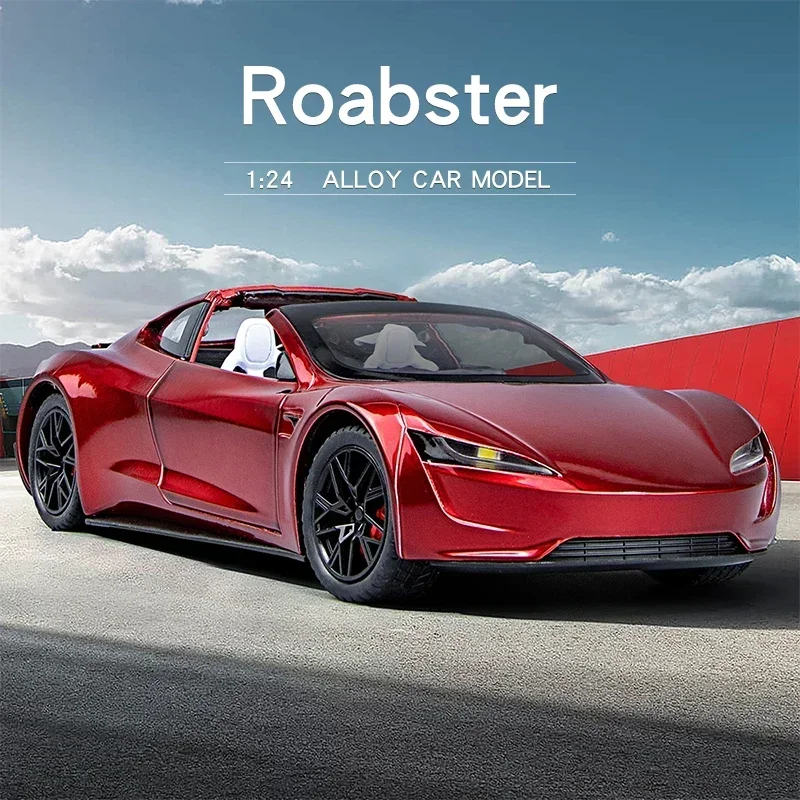 

Diecast Alloy 1:24 Tesla Roadster Car Model with Charging Post Collective Voiture Miniature Sound And Light Toys Vehicles Boys