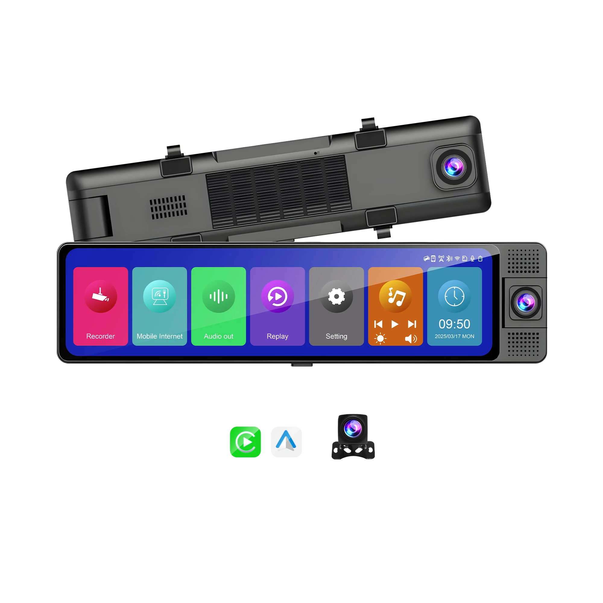 

Hot-Selling 3-Channel WIFI FM HD Driving Recorder Rear View Mirror Car DVR With Wireless Car Screen Carplay Android Auto Screen