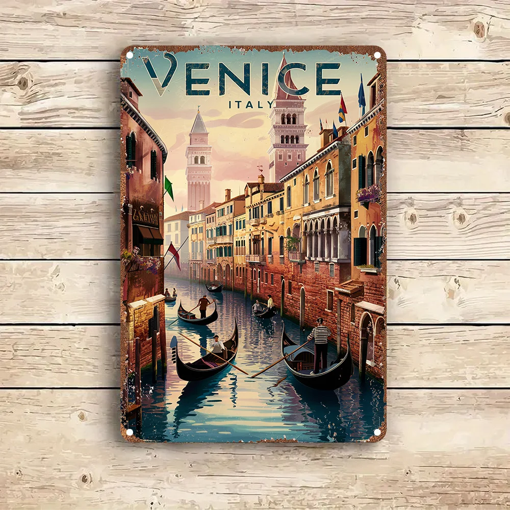 Metallblechschild im Vintage-Stil, Venedig, Italien, Landschaft – rustikale Wandkunst mit Gondeln,historischen Gebäuden, perfekt für Zuhause, Bar, Café