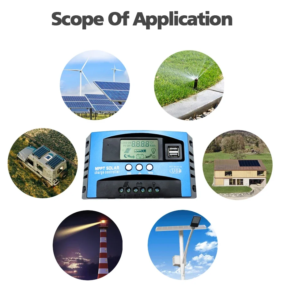 MPPT Solar Charge Controller 30A 50A 80A 100A 12V 24V Auto LCD Display Dual USB Solar Charge and Discharge Controller