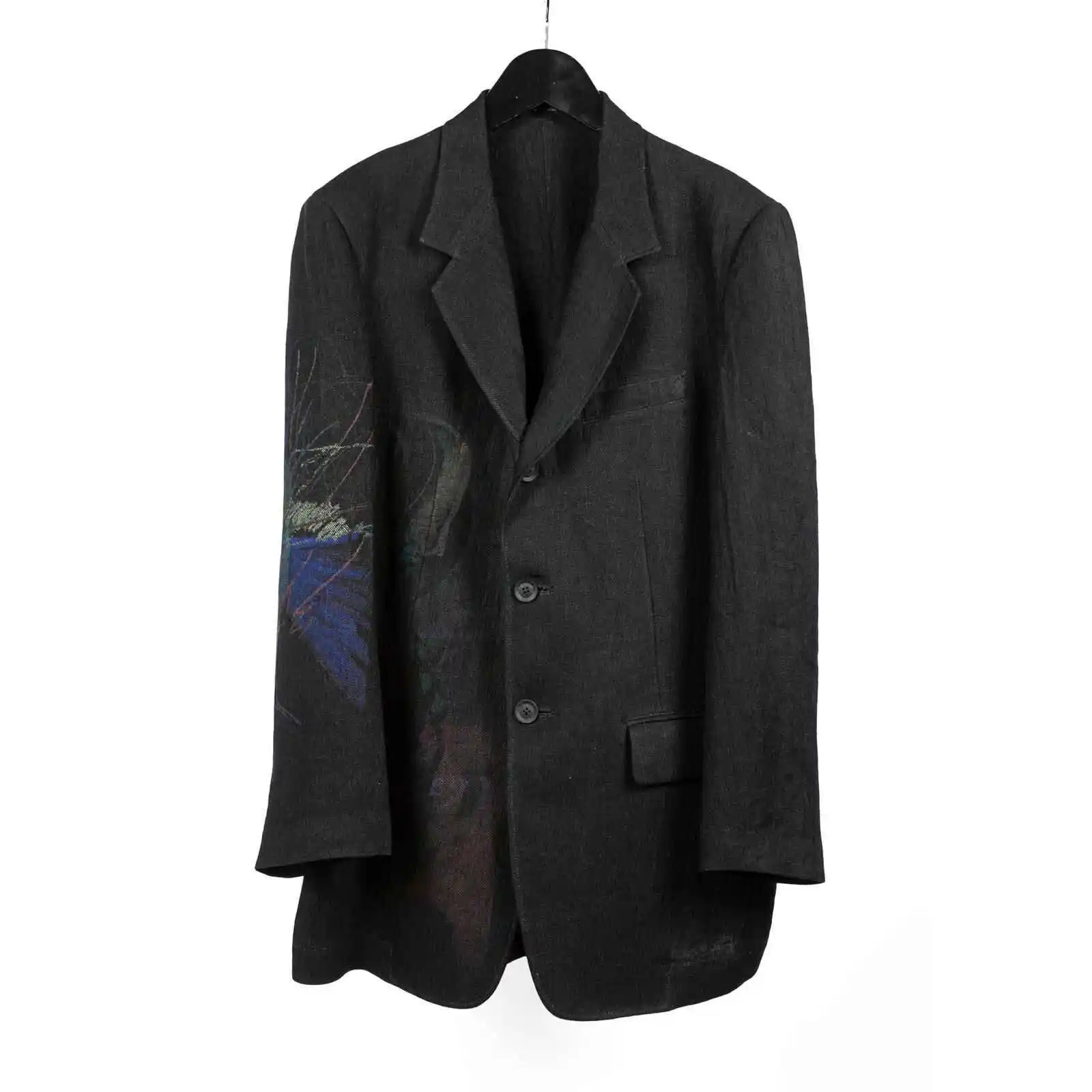 

TOP-YAMAMOTO японский оригинальный дизайн темно-нишевый черный льняной костюм с принтом свободный